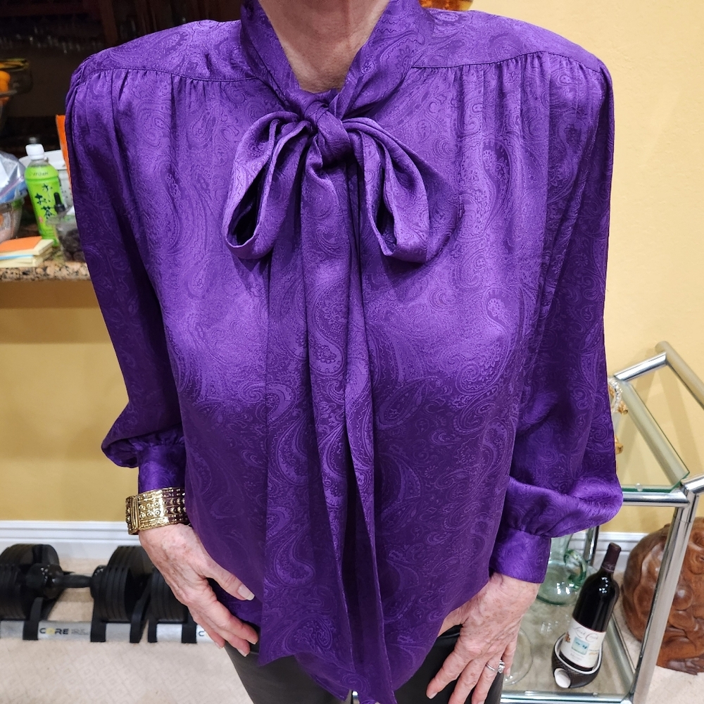 Helene Sidel Blouse 100% Silk, Purple Paisley, Size 6